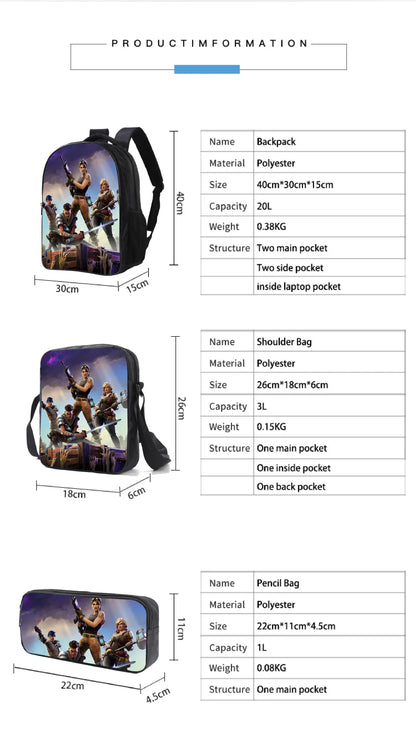 3Pcs/Sets Fortnite School Bags for Boys Girls Cartoon Battle Royale Game Book Bags Sets Games Backpacks School Gifts