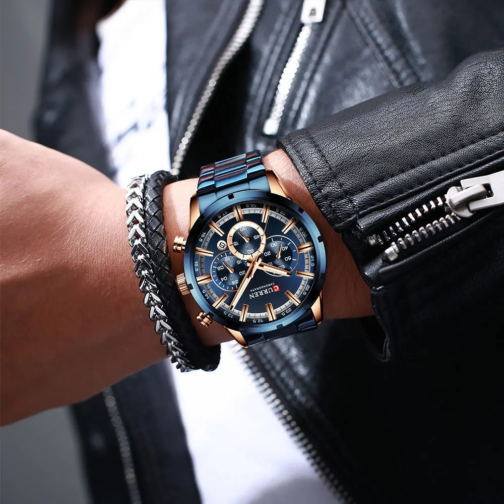 Orologio da uomo Curren con quadrante blu, cinturino in acciaio inox, data, stile business, impermeabile, orologio di lusso da polso per uomo