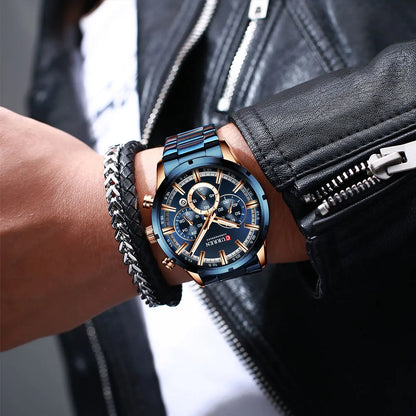 Orologio da uomo Curren con quadrante blu, cinturino in acciaio inox, data, stile business, impermeabile, orologio di lusso da polso per uomo