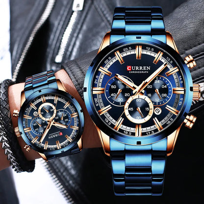 Orologio da uomo Curren con quadrante blu, cinturino in acciaio inox, data, stile business, impermeabile, orologio di lusso da polso per uomo