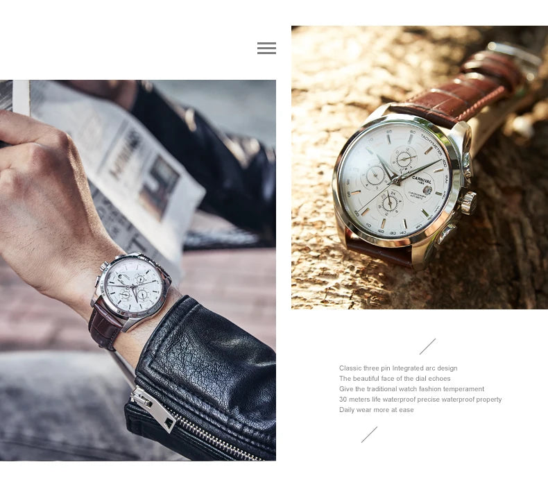 relogio masculino New Carnival Automatic Watches Men Business Mechanical Clock Leather Strap Waterproof Luxuey Brand Clock