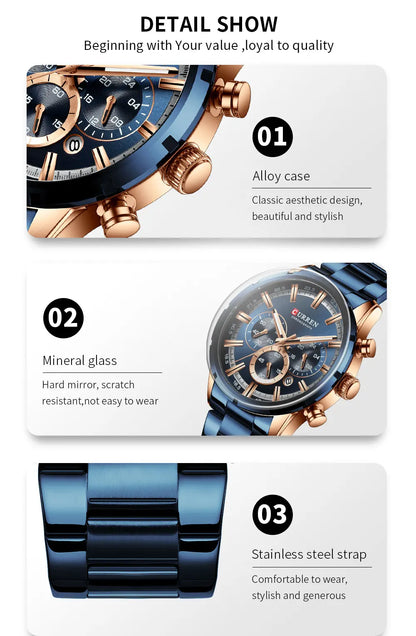 Orologio da uomo Curren con quadrante blu, cinturino in acciaio inox, data, stile business, impermeabile, orologio di lusso da polso per uomo