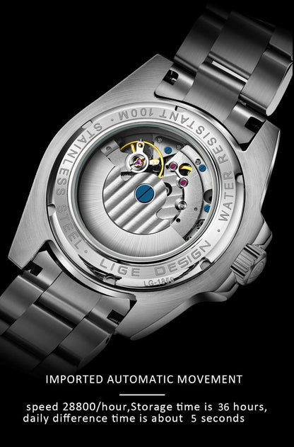 LIGE 2025 New Men Mechanical Wristwatch Stainless Steel Clocks Watch Top Brand Luxury Military Sports Mens Watches Reloj Hombre