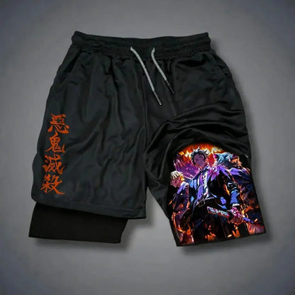 Pantaloncini da palestra da uomo Anime Demon Slayer ad asciugatura rapida, pantaloncini doppio strato 2 in 1, sportswear Y2K estate 2026, streetwear traspirante