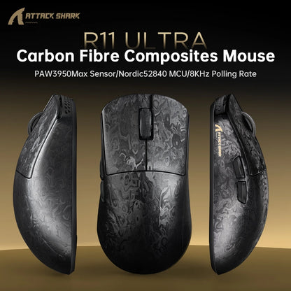 Attack Shark R11 Ultra 8K Carbon Fiber Gaming Mouse, PAW3950MAX, 49g Ultra-Lightweight, Wireless 8000Hz Polling,Tri-Mode