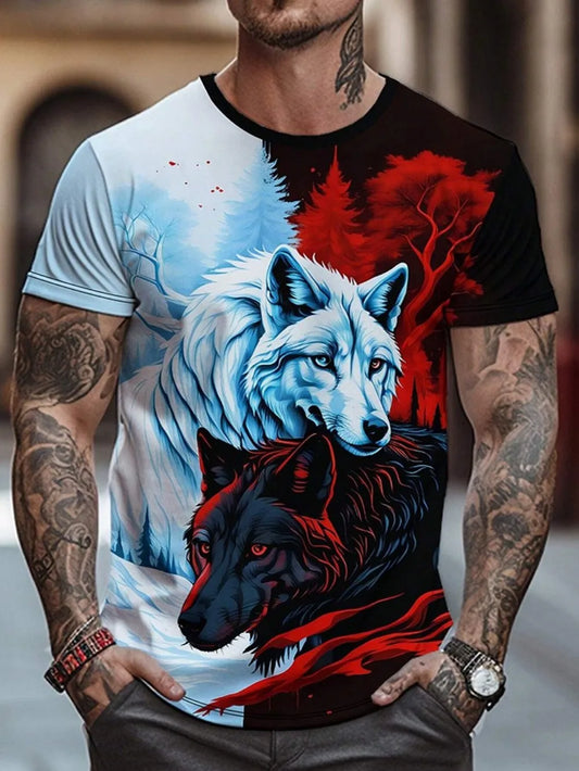 Fashionable summer men's domineering wolf print pattern breathable round neck T-shirt outdoor high street casual top