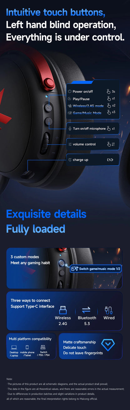 MCHOSE V9 PRO 7.1 Wireless Gaming Headset – Tri-Mode Low Latency Bluetooth 5.3 E-Sports Headphones with AI Noise Cancelling Mic for PC PS4 PS5