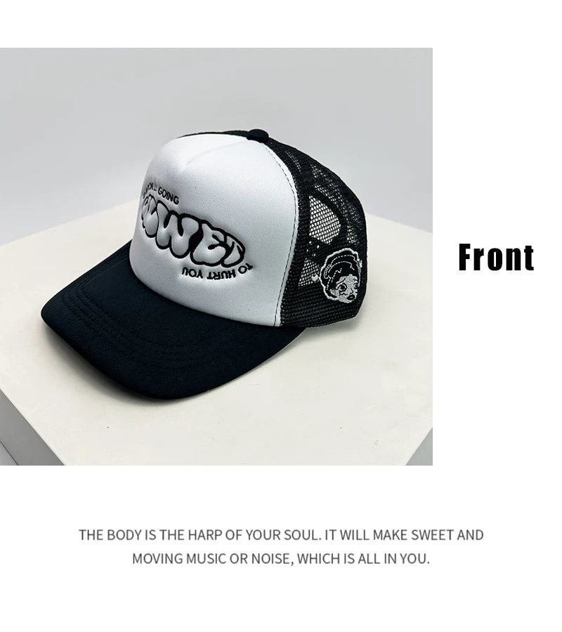 Gorras de béisbol unisex nuevas con bloques de color, letras estampadas y bordadas, estilo hip hop, malla transpirable, visera para el sol, tipo trucker streetwear, versátiles