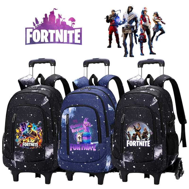 Mochila trolley 2 en 1 Fortnite con estampado de cielo estrellado, gran capacidad, impermeable, compartimento para portátil, diseño para subir escaleras, mochila escolar para estudiantes