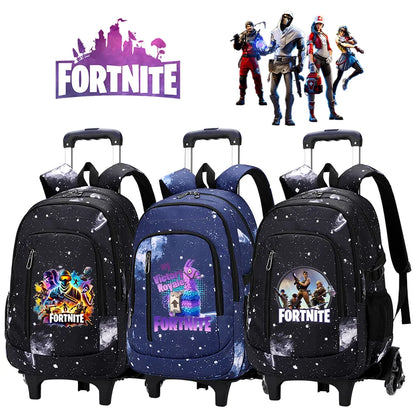 Mochila trolley 2 en 1 Fortnite con estampado de cielo estrellado, gran capacidad, impermeable, compartimento para portátil, diseño para subir escaleras, mochila escolar para estudiantes