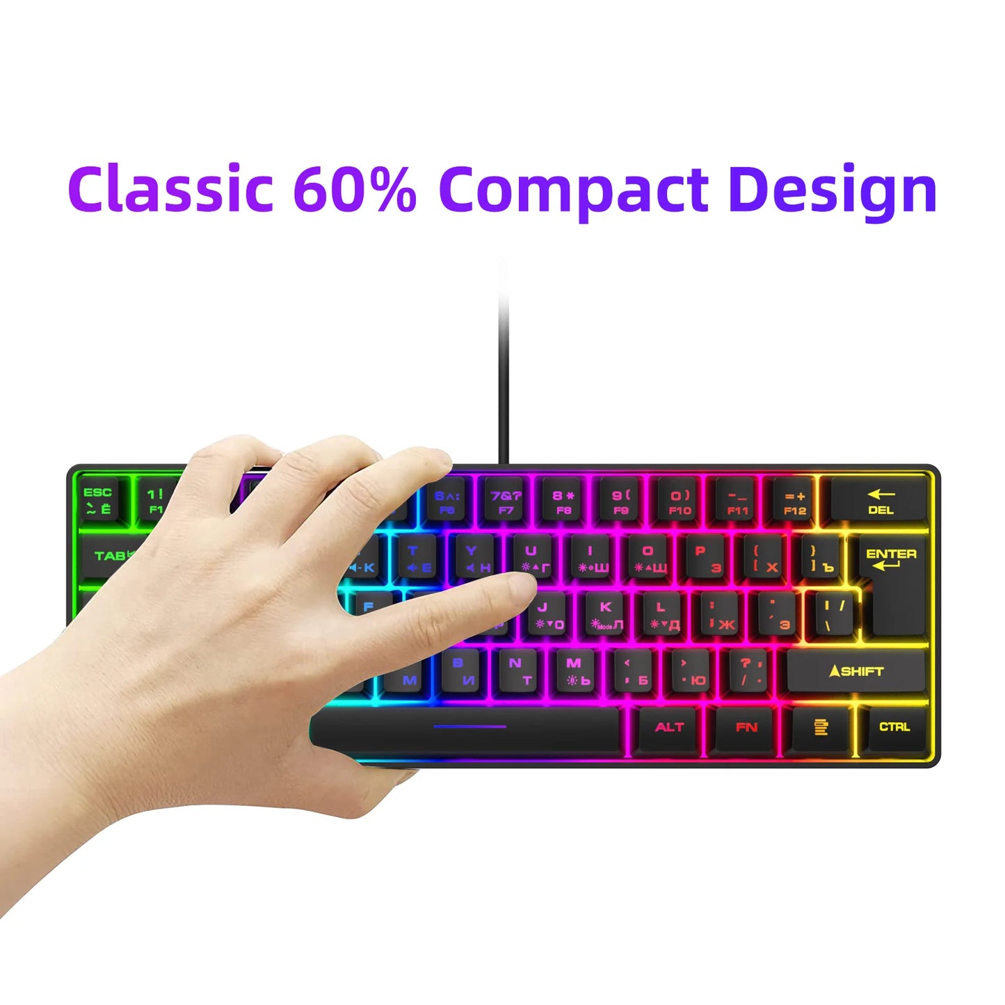 Teclado gaming, teclado ultracompacto de 61 teclas con retroiluminación RGB ruso/inglés, teclados de oficina resistentes al agua con sensación mecánica para gaming