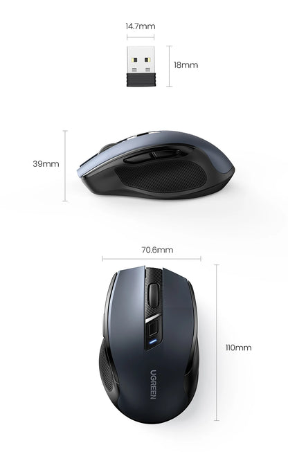 UGREEN bežični miš Bluetooth 5.0, ergonomski miš 4000DPI, 6 tihih tipki, miš za MacBook, tablet, prijenosna računala, računalo PC, 2.4G miševi