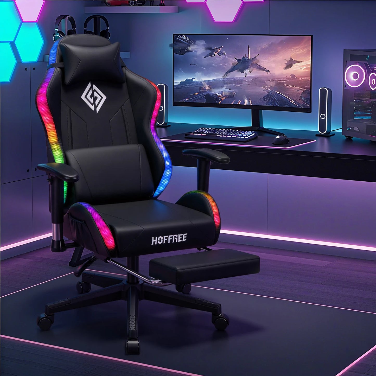 Sedia gaming LED per bambini 8-15 anni, sedia gamer regolabile con illuminazione LED, poggiapiedi e supporto lombare, sedia PC ergonomica