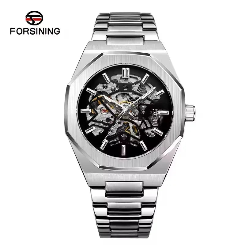 FORSINING 344D Top Brand Luxury Skeleton Automatic Mechanical Men's Watch Hollow Design Luminous Stainless Steel Strap Clock Men