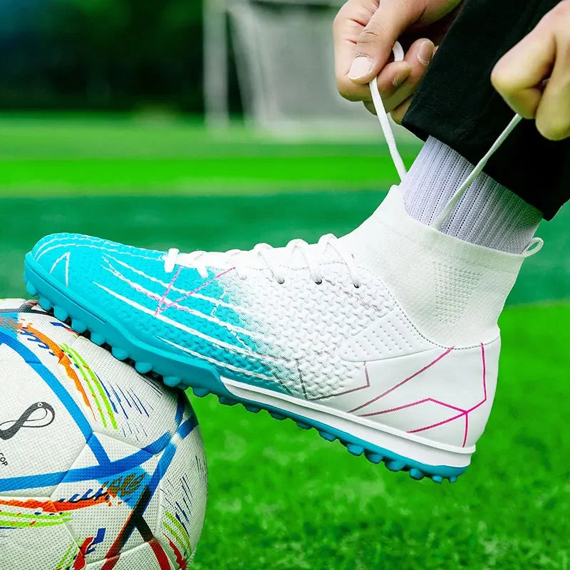 Sapatilhas de Futebol Profissionais de Cano Alto em Pele para Relva Artificial, Treino e Desporto, para Jovens, Estudantes, Homens e Mulheres