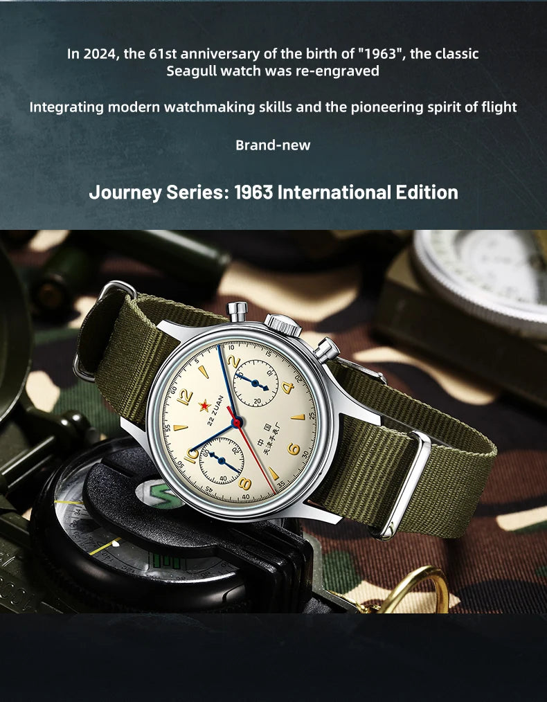 Relógio mecânico masculino Seagull 1963 International Edition Pilot Clock ST1901, cronógrafo retro de pulso, aviação da Força Aérea, novo