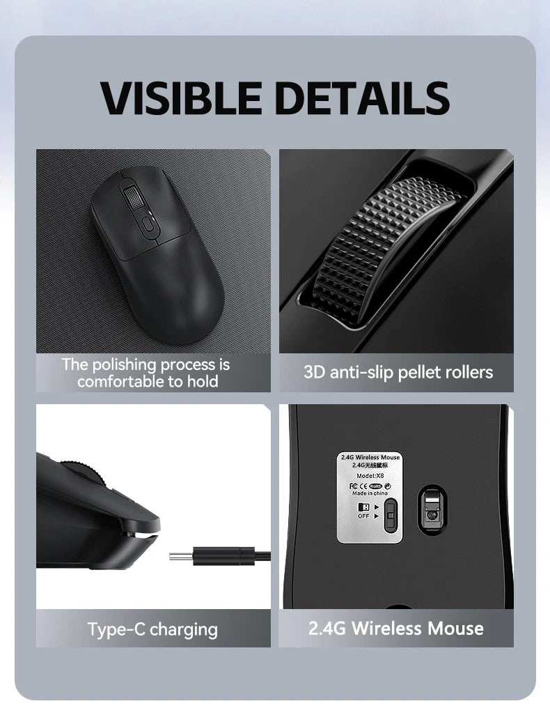 Mouse da gaming wireless Warvank X8 500 mAh ricaricabile TYPE-C, mouse da ufficio adatto a laptop e computer desktop