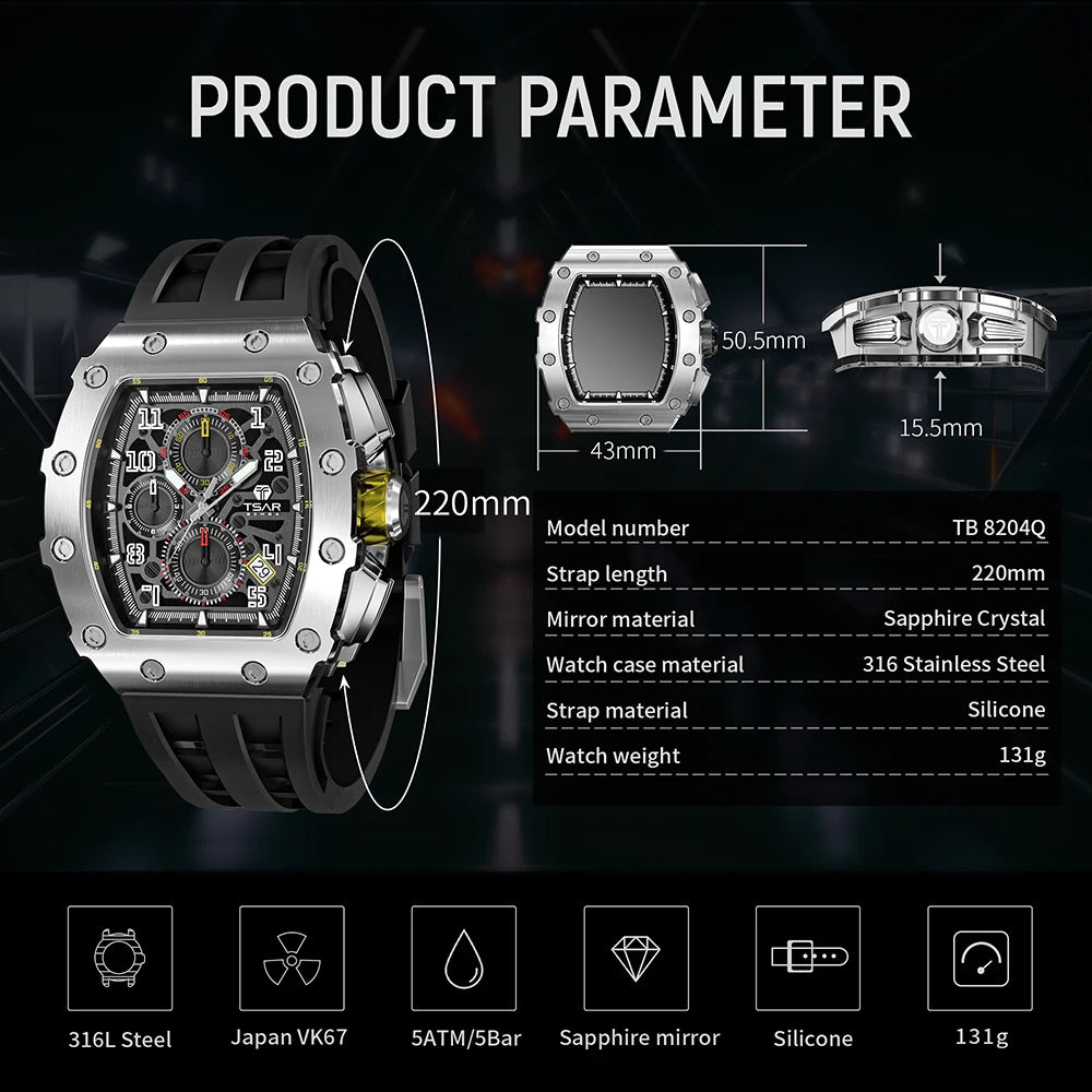 Reloj TSAR BOMBA para hombre, marca de lujo, diseño tonneau, impermeable, de acero inoxidable, reloj de pulsera de moda rectangular para hombre