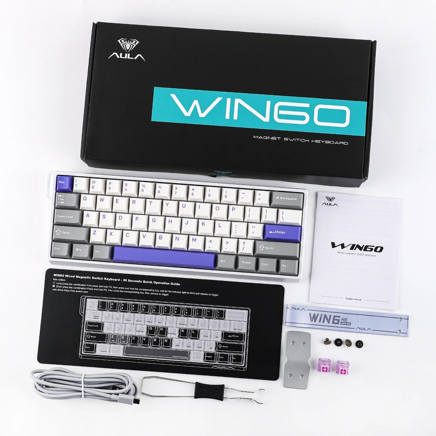 Teclado mecánico con cable AULA WIN60 HE/WIN60 HE MAX 60% con estructura tray-mount hot-swap e interruptores magnéticos Hall Effect