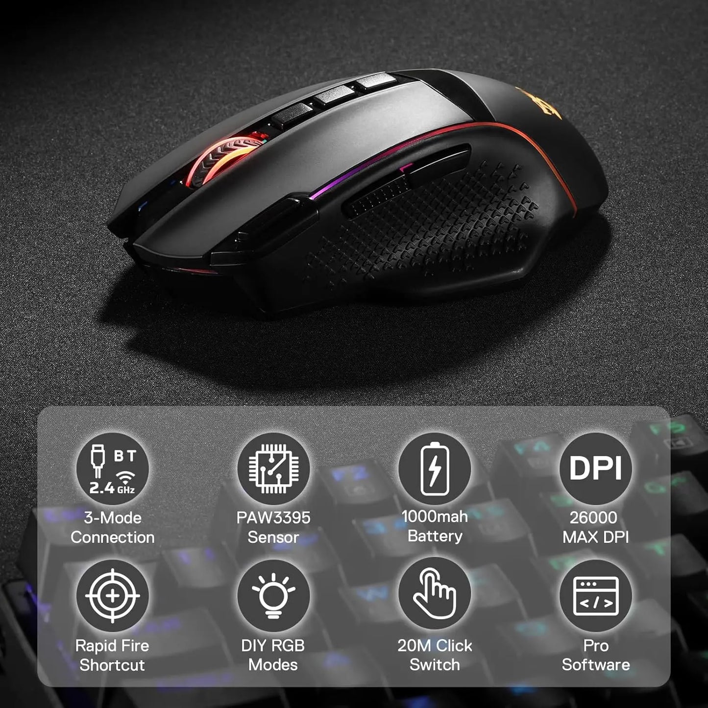 Mouse gaming wireless Redragon M991 26000 DPI, 3 modalità, 9 pulsanti macro, retroilluminazione RGB, nero