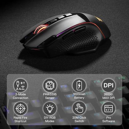 Mouse gaming wireless Redragon M991 26000 DPI, 3 modalità, 9 pulsanti macro, retroilluminazione RGB, nero