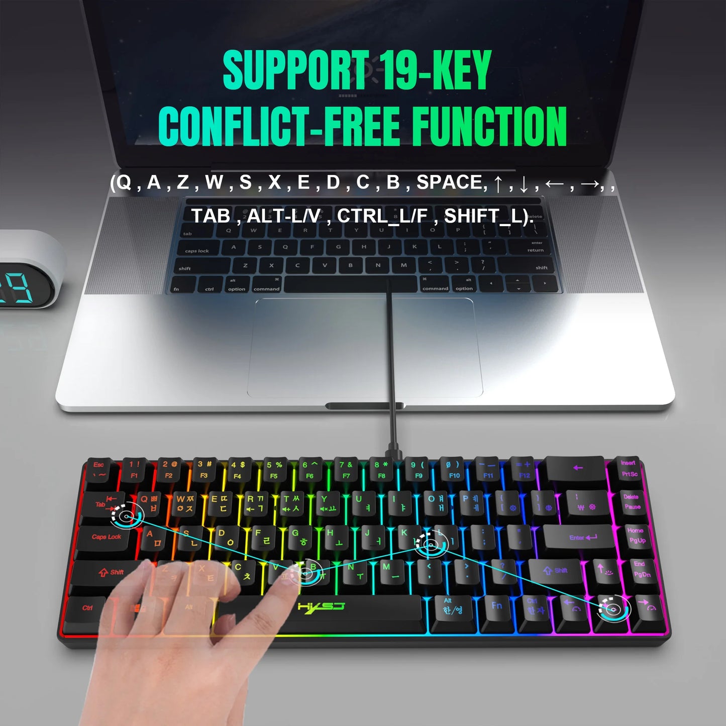 Teclado gaming coreano portátil HXSJ V200 de 68 teclas, 65%, com retroiluminação RGB, com fios, de membrana, para escritório, PC de secretária e computadores portáteis