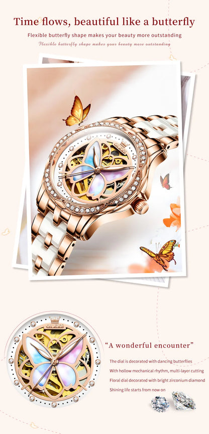 OLEVS 6615 Top Original Automatic Mechanical Wrist Watch for Women Luxury Elegant Diamond Hollow Colorful Butterfly Ladies Watch
