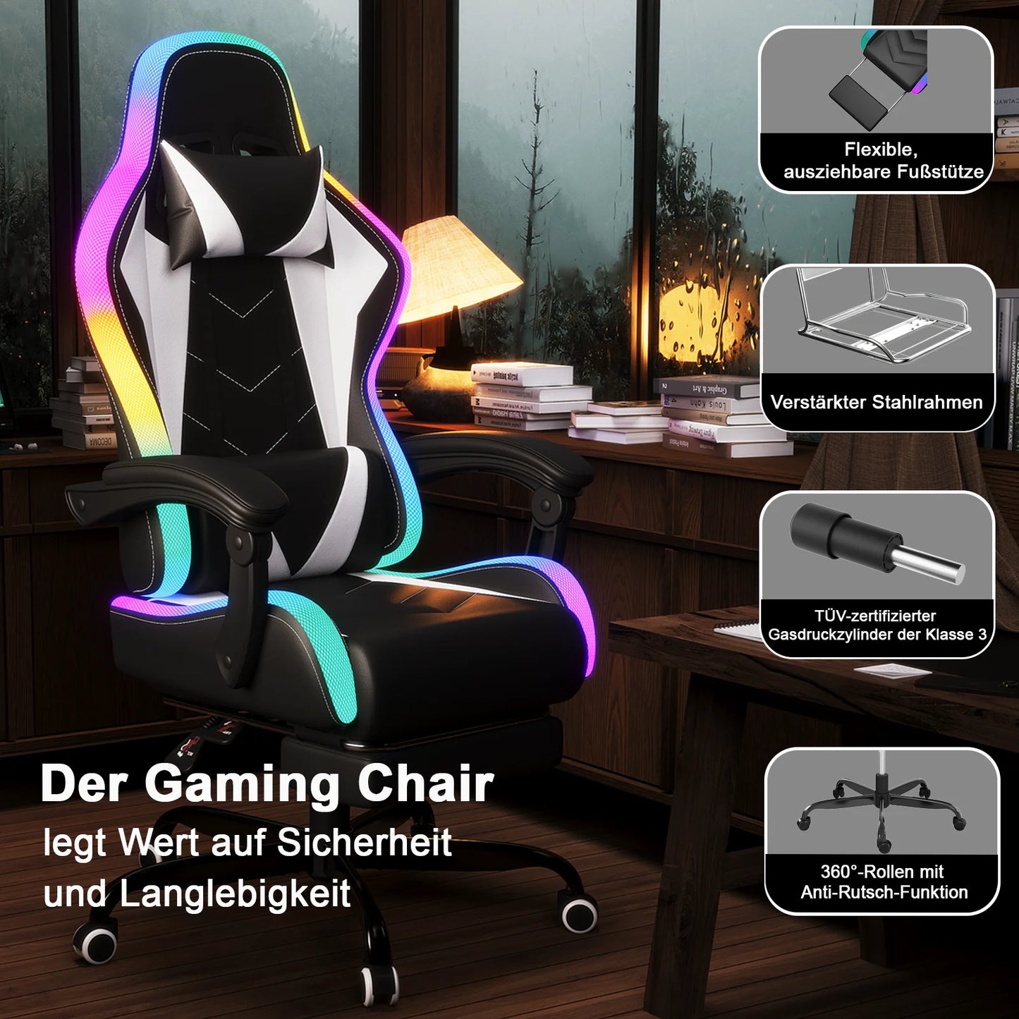 HOMALL LED Gaming Chair Multiple Light Effects Ergonomic with Footrest, Headrest and Lumbar Support Desk Chair