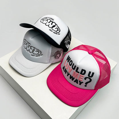Gorras de béisbol unisex nuevas con bloques de color, letras estampadas y bordadas, estilo hip hop, malla transpirable, visera para el sol, tipo trucker streetwear, versátiles
