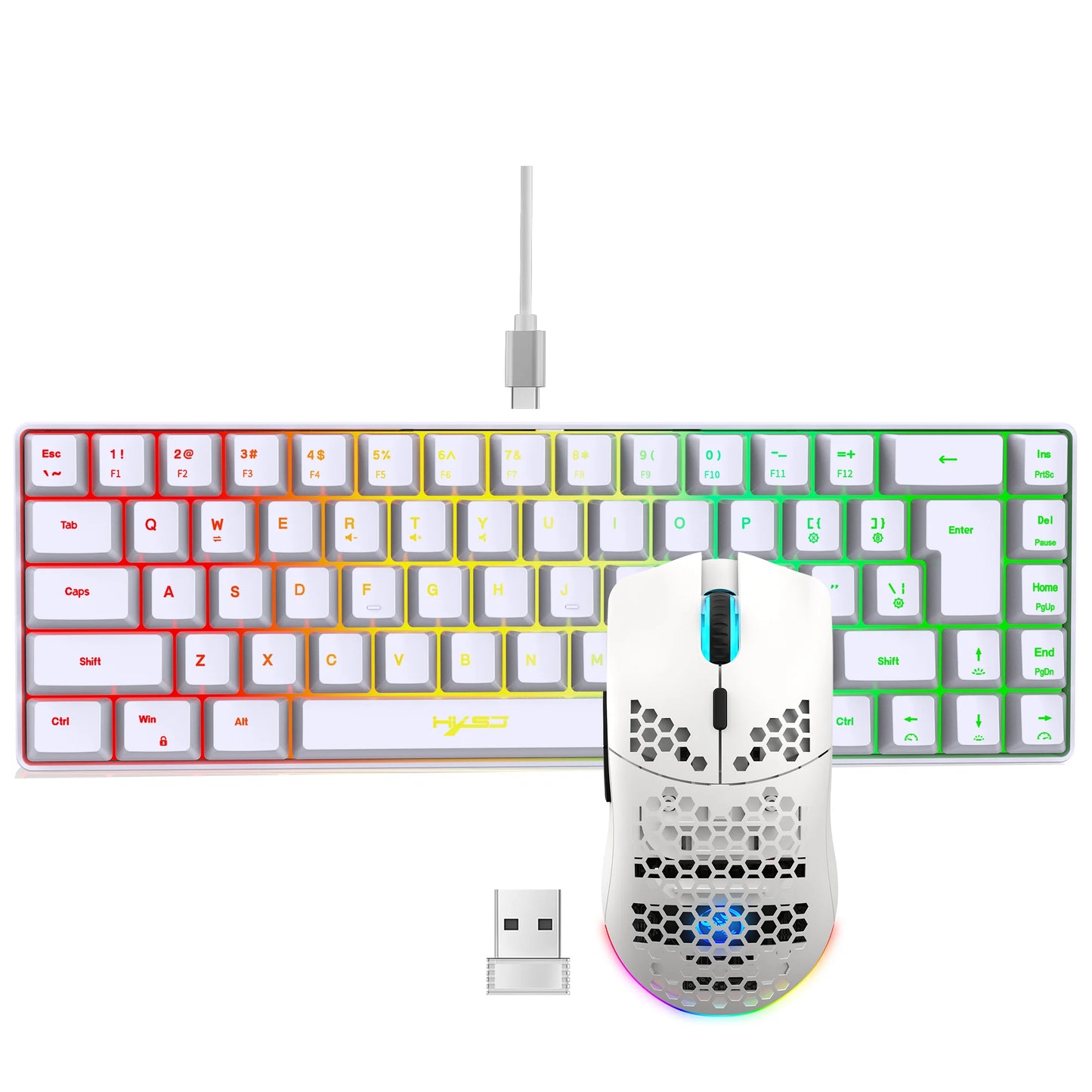 Conjunto gaming portátil HXSJ 60% RGB de teclado y ratón: teclado de membrana con cable de 68 teclas y ratón inalámbrico ligero de 3 modos para PC y Mac