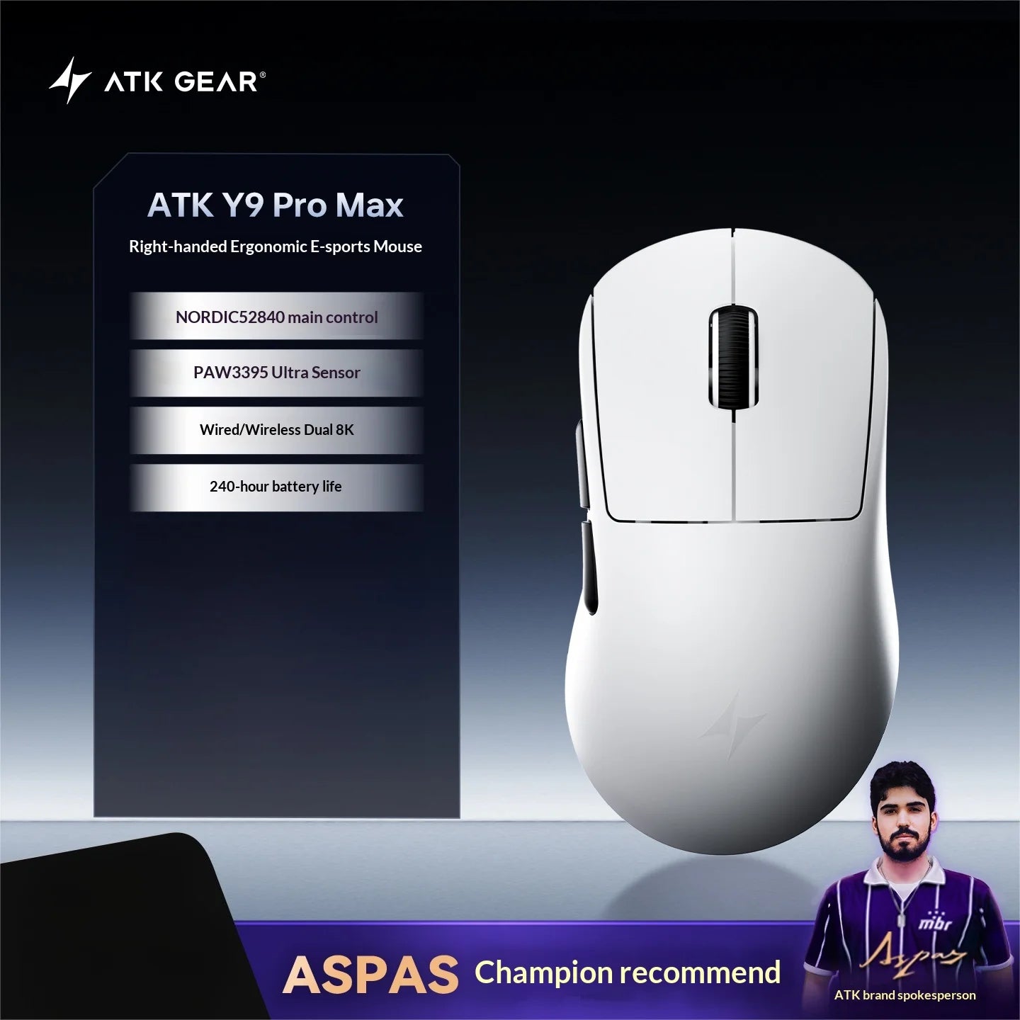 ATK Dragonfly Y9 Wireless Gaming Mouse PAW3950, 8KHz Ultra-Light Gaming Mouse with Nordic 54L15, High-Performance Wireless Mouse for FPS, Office & PC