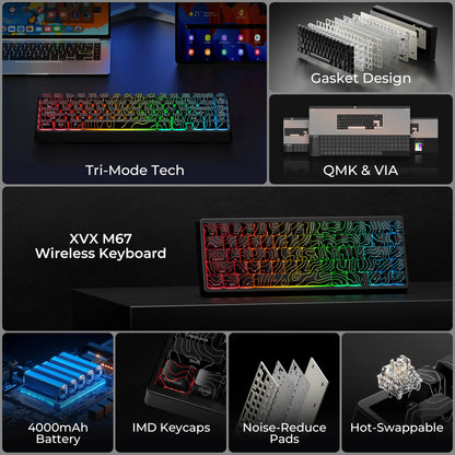 Teclado mecánico inalámbrico XVX M67 JadeStone con teclas IMD-Tech, trimodo, diseño topográfico blanco gamer y estructura gasket