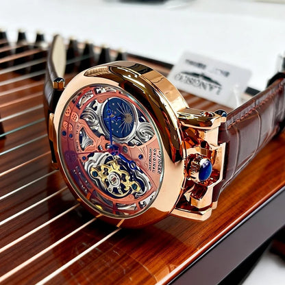  Top Luxury Moon Phase Men's Watches Original Mechanical Leather Men Clock Date Week Hollow Tourbillon Automatic Man Watch