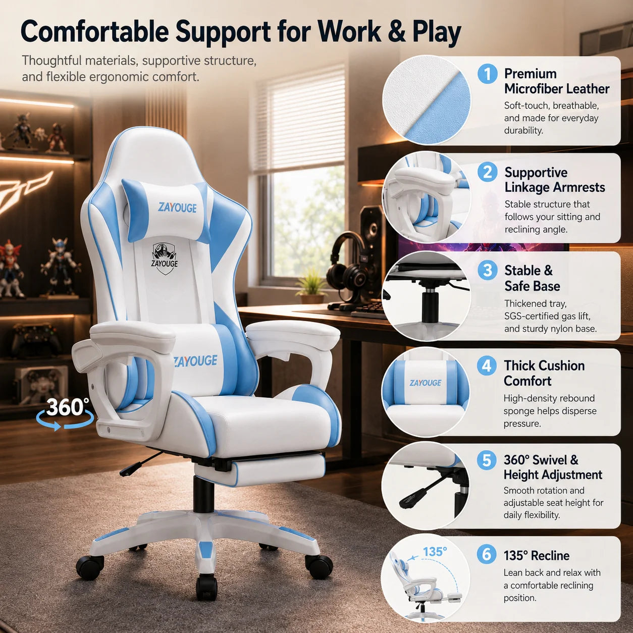 Cadeira de Escritório Gaming Reclinável AOLIVIYA para Computador em Casa, Rotativa, com Elevação, Encosto e Apoio para Pés, para Cybercafé e E-Sports