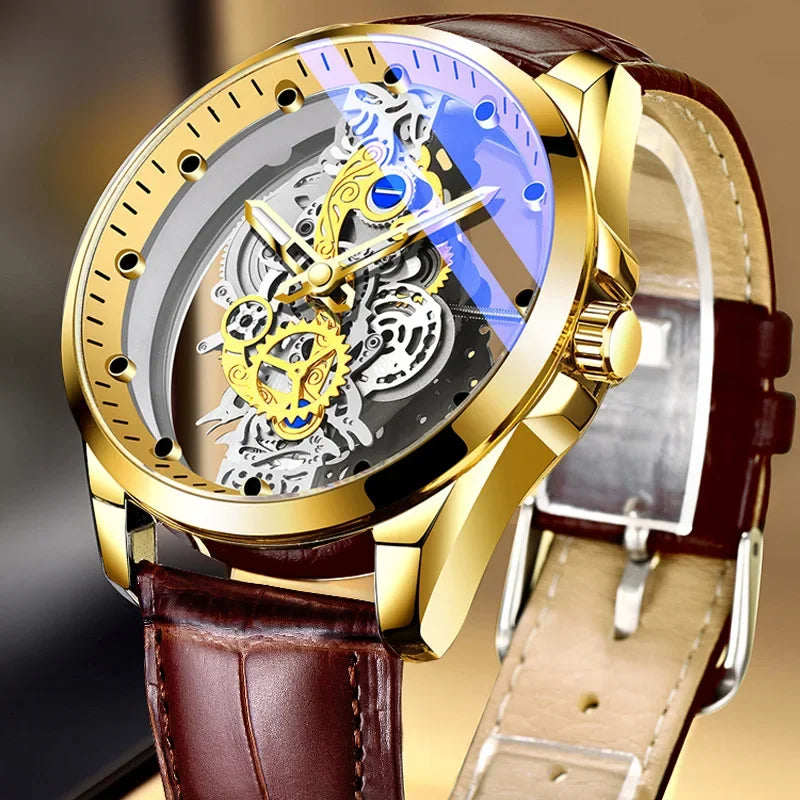 Trendig herrklocka, modell med dubbla öppningar, lyxig gulddesign, mekanisk tourbillon-imitation, kvartsverk.