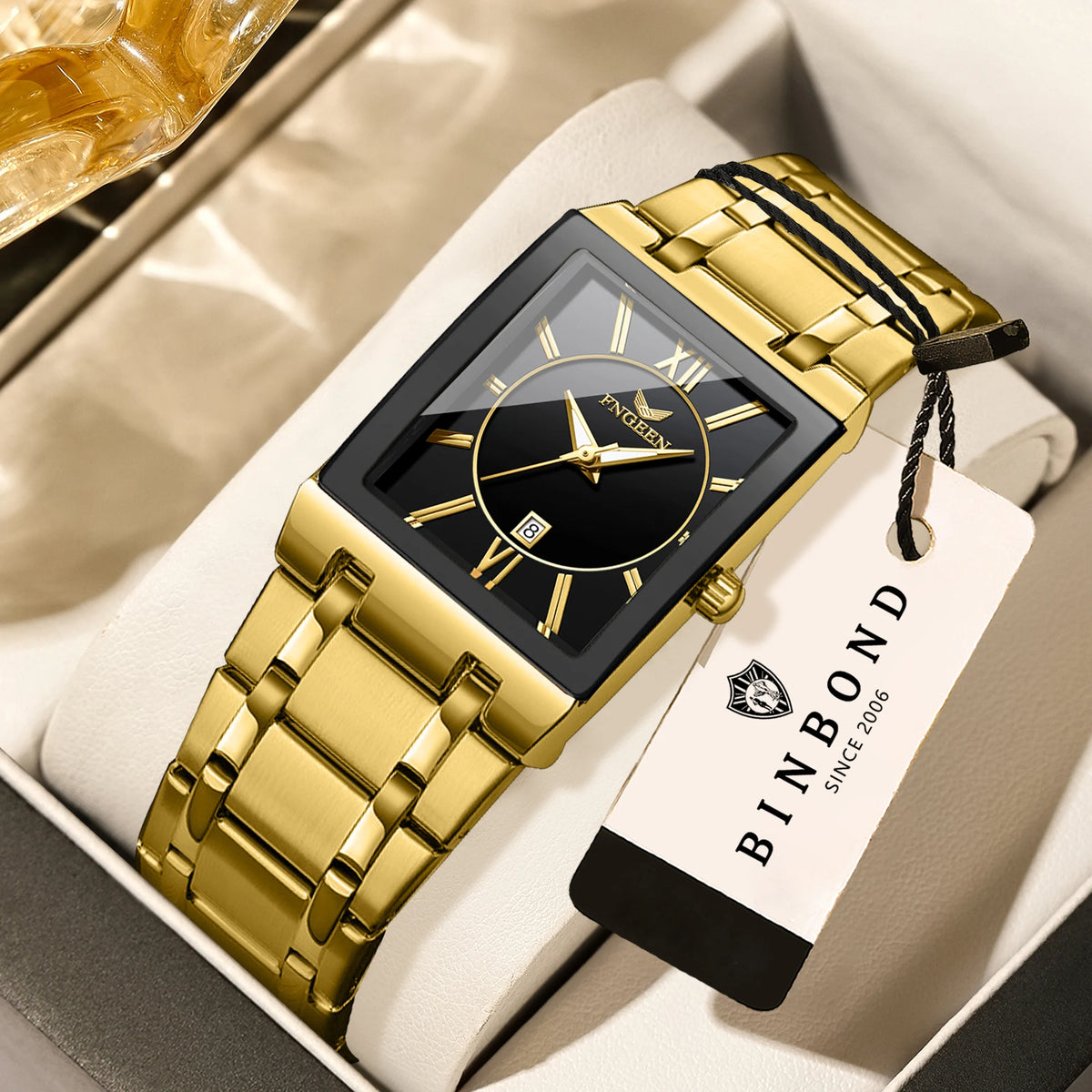 Relógio de pulso de luxo BINBOND com mecanismo de quartzo preciso para homem, luminoso, à prova de água, data automática, em aço inoxidável resistente, estilo casual.