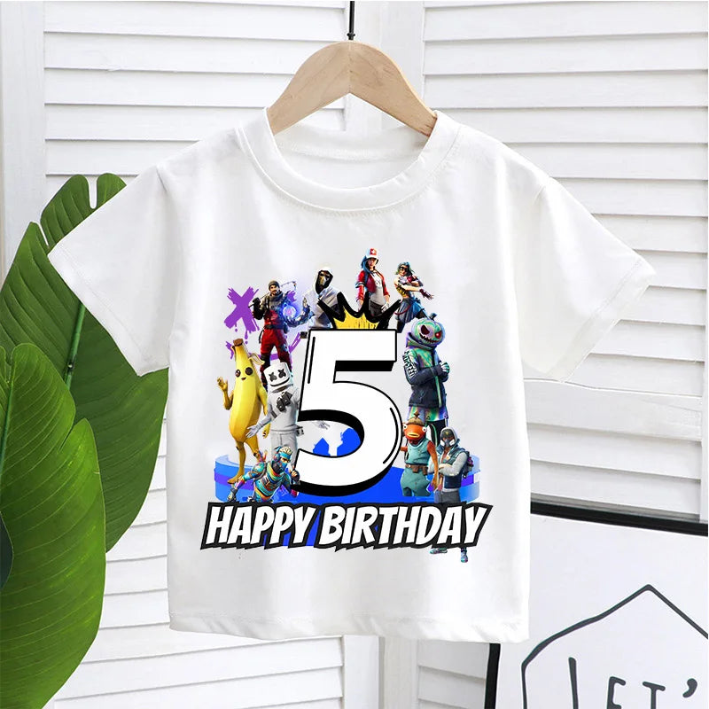 Camiseta infantil de cumpleaños Fortnite con número para niñas y niños, ropa de verano, camiseta de algodón para bebé, tops de manga corta para fiesta, regalo para niños pequeños