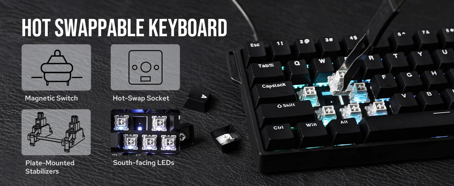 Teclado mecánico con cable AULA WIN60 HE/WIN60 HE MAX 60% con estructura tray-mount hot-swap e interruptores magnéticos Hall Effect
