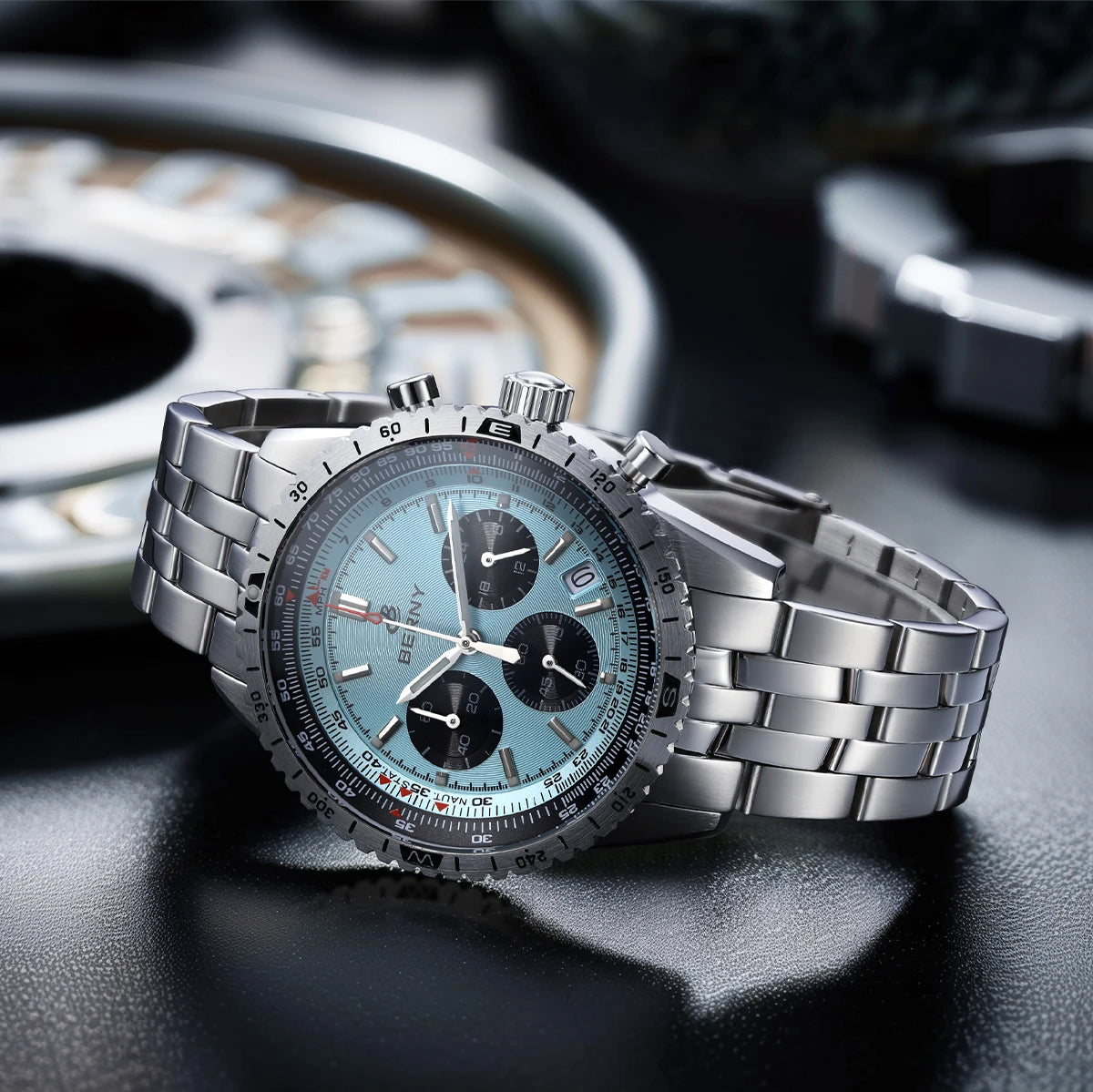 Relógio de homem BERNY Aviation – Cronógrafo de quartzo com data, vidro de safira e revestimento ultraluminescente – Relógio elegante de marca de luxo