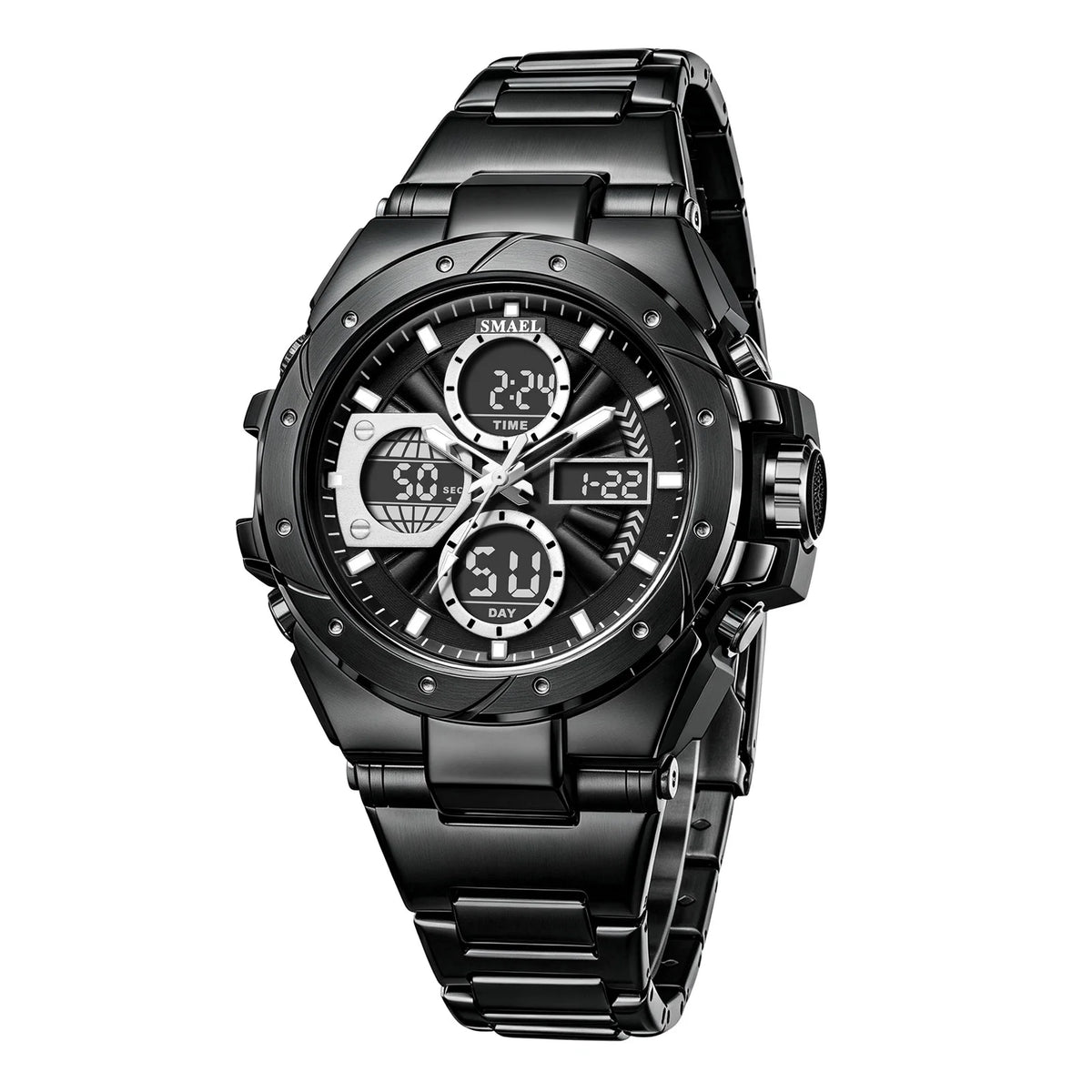 Orologio da uomo SMAEL 8160 – Modello sportivo militare, analogico e digitale, in acciaio inossidabile – Impermeabile, con display a LED, sveglia, cronografo e cronometro