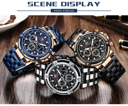 MINI FOCUS Black Stainless Steel Quartz Watch Men Fashion Luminous Dress Wristwatch with Date 24-hour Display Chronograph 0470