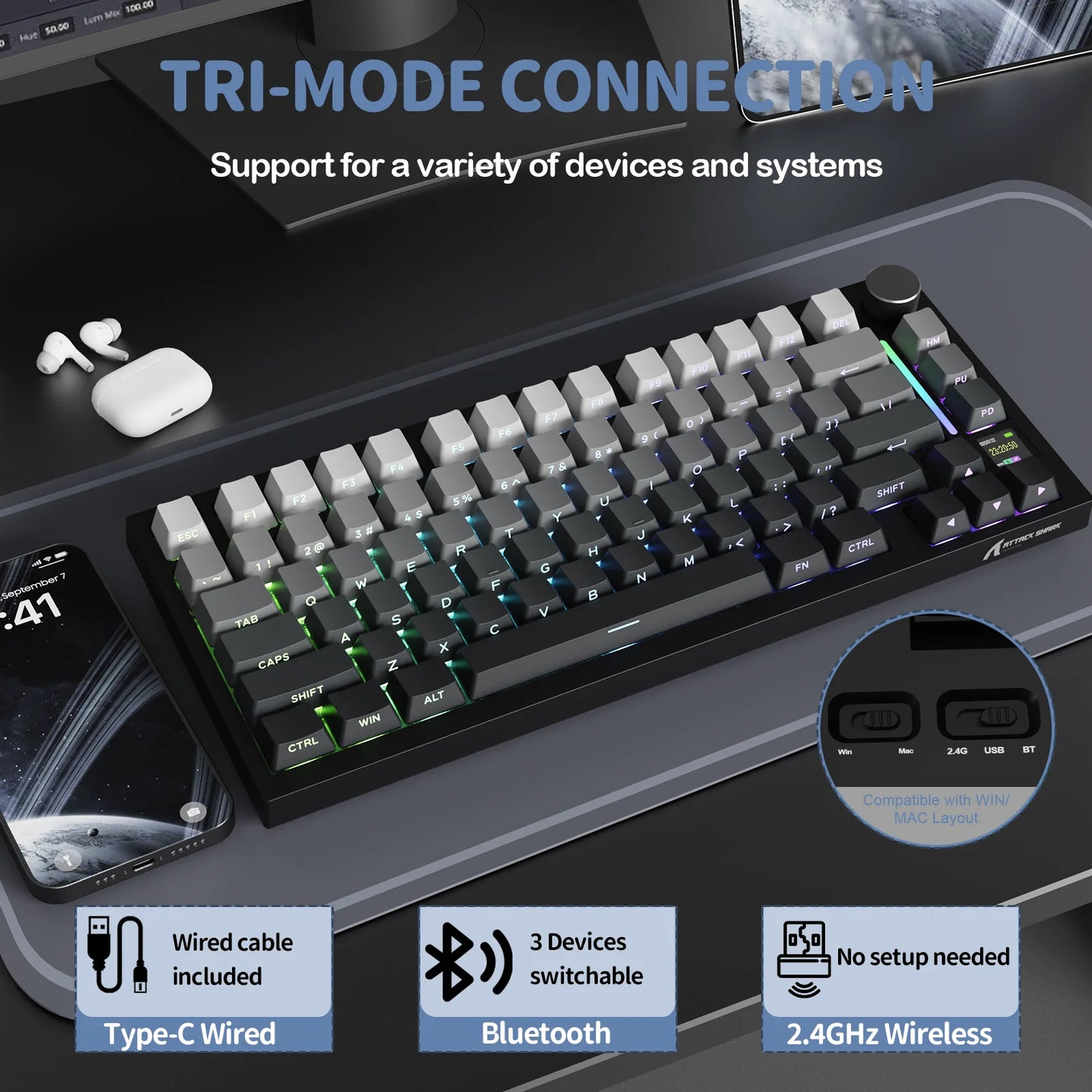 Attack Shark X820Ultra Wireless 75% Mechanical Gaming Keyboard with TFT Screen, Knob, Hot Swappable RGB, Bluetooth, 2.4GHz & USB-C