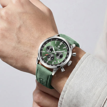 Relógio de luxo para homem GOLDENHOUR – Cronógrafo de quartzo, mostrador verde, bracelete em pele, resistente à água, luminescente, estilo militar e desportivo