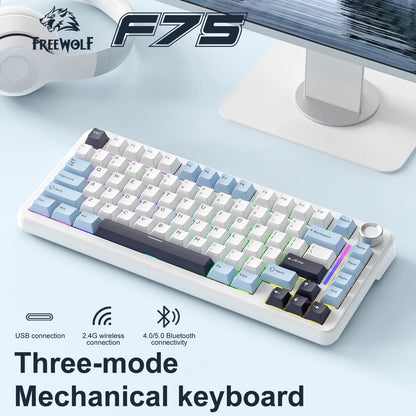 F75 Mechanical Keyboard FREEWOLF 81 Keys Layout Metal Knobs PBT Keycaps,Fully Hot-swappable Keys RGB Multi-color Backlighting