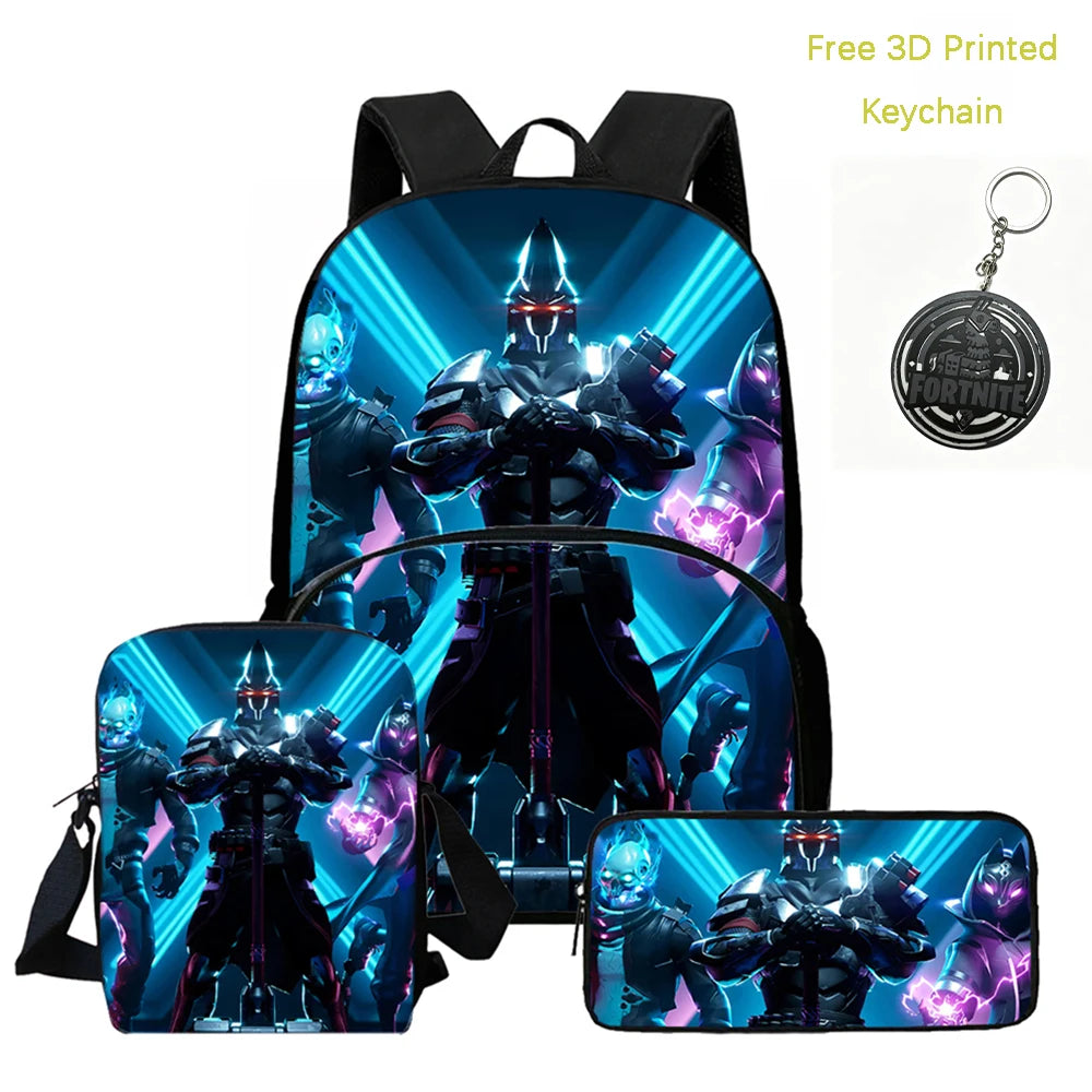 FORTNITE 3Pcs Lightweight Backpack With Front Pocket,Crossbody Bag&Pencil Case For Age 5-9 Boys Girls,Free 3D Printed Keychain.