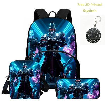 FORTNITE 3Pcs Lightweight Backpack With Front Pocket,Crossbody Bag&Pencil Case For Age 5-9 Boys Girls,Free 3D Printed Keychain.