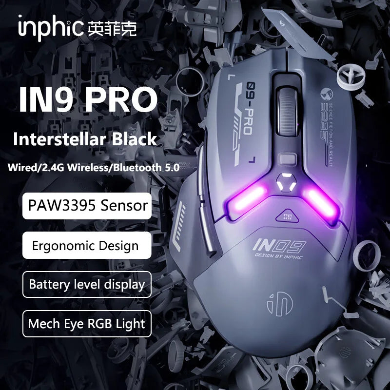 Inphic IN9PRO belaidė žaidimų pelė, 26000DPI, 8K apklausos dažnis, Bluetooth 5.0, laidinė, 2.4G, trijų režimų RGB ergonominė žaidimų pelė