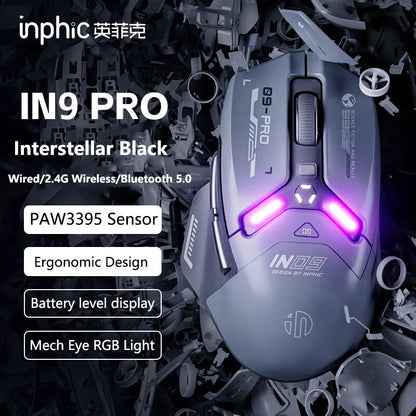 Inphic IN9PRO belaidė žaidimų pelė, 26000DPI, 8K apklausos dažnis, Bluetooth 5.0, laidinė, 2.4G, trijų režimų RGB ergonominė žaidimų pelė