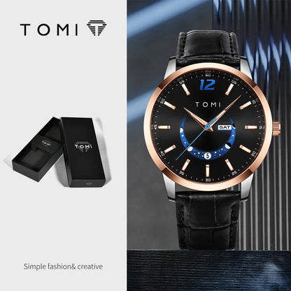 Relógio de quartzo TOMI, estilo empresarial e elegante, com bracelete em pele, caixa em liga metálica e mostrador com ponteiros – Design de alta qualidade, ideia de presente para homem