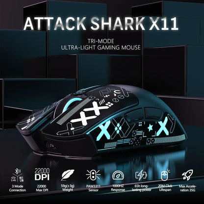 Ratón gaming inalámbrico ATTACK SHARK X11 Original Brand con base de carga, sensor gaming PixArt PAW3311, conexión BT/2.4G inalámbrica/con cable